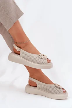 Damskie Damskie buty S.Barski Skórzane Sandały Damskie Z Ozdobą S.Barski LR51-786 Beżowe