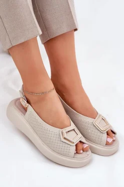 Damskie Damskie buty S.Barski Skórzane Sandały Damskie Z Ozdobą S.Barski LR51-786 Beżowe