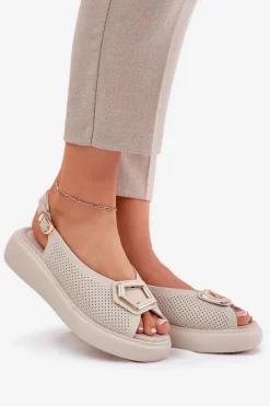 Damskie Damskie buty S.Barski Skórzane Sandały Damskie Z Ozdobą S.Barski LR51-786 Beżowe