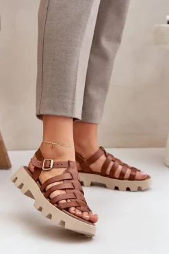 Boto Sandały Płaskie*Skórzane Sandały Damskie Zazoo 3695 Camel Brązowy