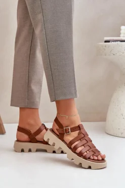 Boto Sandały Płaskie*Skórzane Sandały Damskie Zazoo 3695 Camel Brązowy