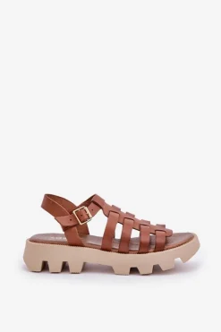 Boto Sandały Płaskie*Skórzane Sandały Damskie Zazoo 3695 Camel Brązowy