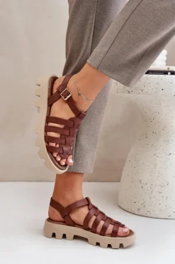 Damskie Boto Skórzane Sandały Damskie Zazoo 3695 Brązowe