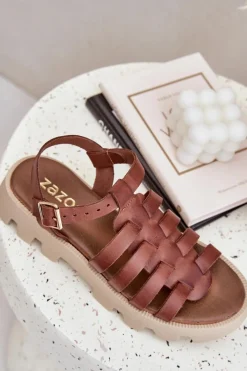 Damskie Boto Skórzane Sandały Damskie Zazoo 3695 Brązowe