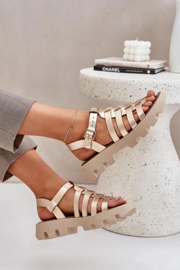 Damskie Boto Skórzane Sandały Damskie Zazoo 3695 Złote