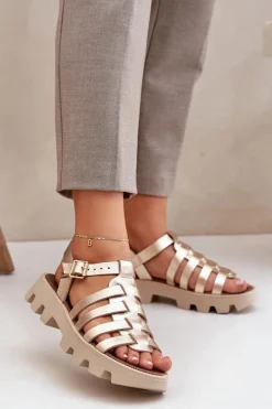 Damskie Boto Skórzane Sandały Damskie Zazoo 3695 Złote