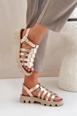 Damskie Boto Skórzane Sandały Damskie Zazoo 3695 Złote