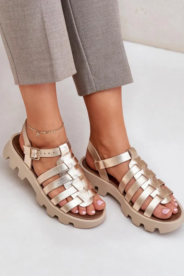 Damskie Boto Skórzane Sandały Damskie Zazoo 3695 Złote