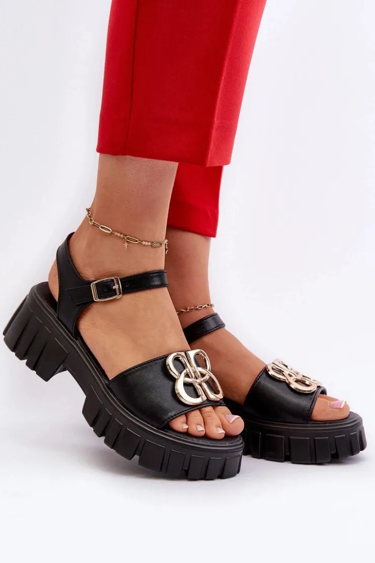 Damskie Buty damskie Vinceza Skórzane Sandały Damskie Ze Złotą Ozdobą Czarne Vinceza 7910