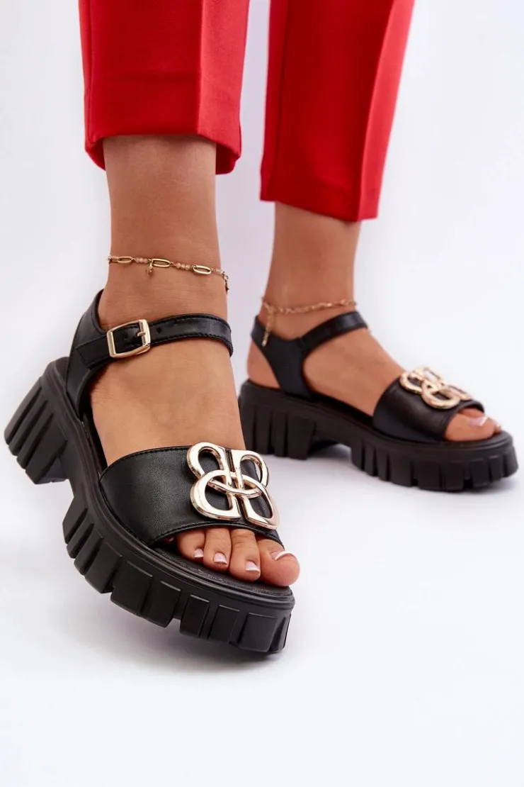 Damskie Buty damskie Vinceza Skórzane Sandały Damskie Ze Złotą Ozdobą Czarne Vinceza 7910