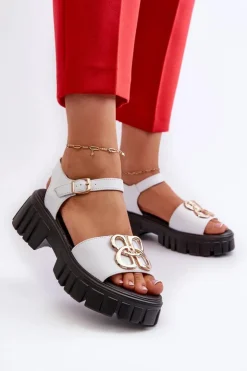 Buty damskie Vinceza Skórzane Sandały Damskie Ze Złotą Ozdobą Białe Vinceza 7910