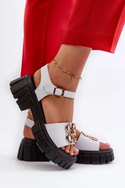 Buty damskie Vinceza Skórzane Sandały Damskie Ze Złotą Ozdobą Białe Vinceza 7910