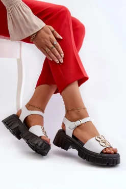 Buty damskie Vinceza Skórzane Sandały Damskie Ze Złotą Ozdobą Białe Vinceza 7910