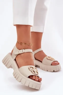 Buty damskie Vinceza Sandały Płaskie*Skórzane Sandały Damskie Ze Złotym Detalem Vinceza 79541 Beżowe Beżowy