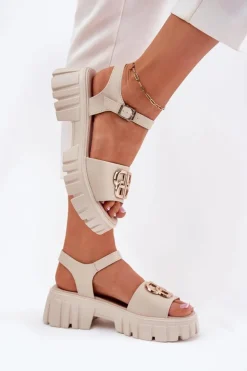 Buty damskie Vinceza Sandały Płaskie*Skórzane Sandały Damskie Ze Złotym Detalem Vinceza 79541 Beżowe Beżowy