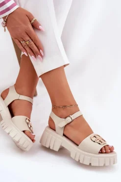 Buty damskie Vinceza Sandały Płaskie*Skórzane Sandały Damskie Ze Złotym Detalem Vinceza 79541 Beżowe Beżowy