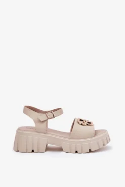 Buty damskie Vinceza Sandały Płaskie*Skórzane Sandały Damskie Ze Złotym Detalem Vinceza 79541 Beżowe Beżowy