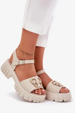 Buty damskie Vinceza Sandały Płaskie*Skórzane Sandały Damskie Ze Złotym Detalem Vinceza 79541 Beżowe Beżowy