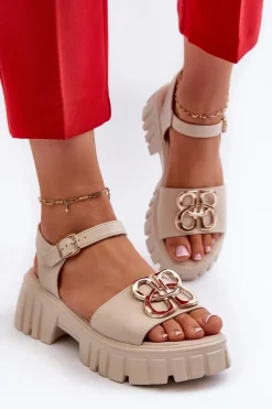 Buty damskie Vinceza Sandały Płaskie*Skórzane Sandały Damskie Ze Złotą Ozdobą Beżowe Vinceza 7910