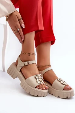 Buty damskie Vinceza Sandały Płaskie*Skórzane Sandały Damskie Ze Złotą Ozdobą Beżowe Vinceza 7910