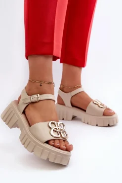 Buty damskie Vinceza Sandały Płaskie*Skórzane Sandały Damskie Ze Złotą Ozdobą Beżowe Vinceza 7910