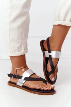 Damskie Big Star Shoes Skórzane Sandały Japonki Big Star HH274712 Czarno-Srebrne