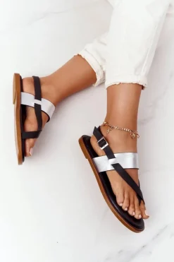 Damskie Big Star Shoes Skórzane Sandały Japonki Big Star HH274712 Czarno-Srebrne