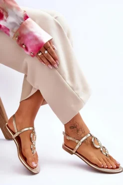Boto Sandały Płaskie*Skórzane Sandały Japonki Na Płaskim Obcasie Złote Keep Going