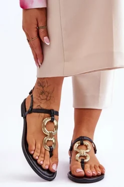 Damskie Boto Skórzane Sandały Japonki Na Płaskim Obcasie Czarne Keep Going