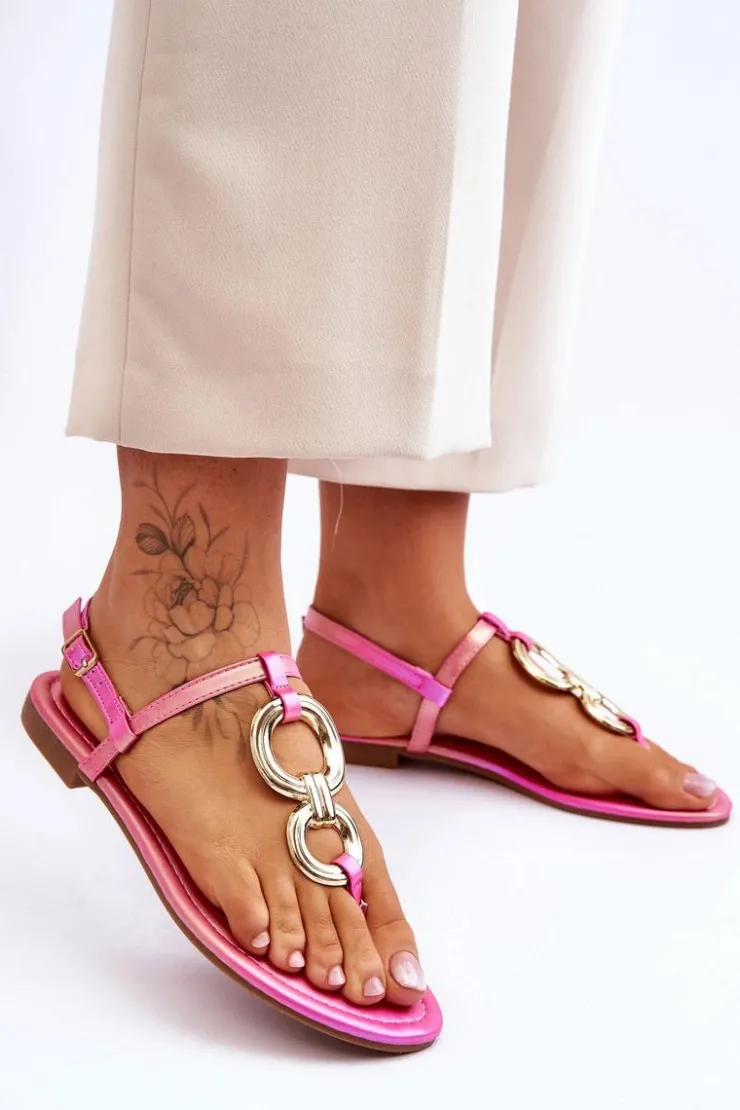 New Boto Skórzane Sandały Japonki Na Płaskim Obcasie Różowe Keep Going Różowy