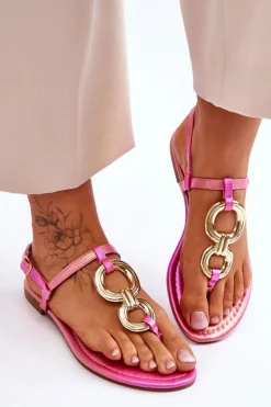 New Boto Skórzane Sandały Japonki Na Płaskim Obcasie Różowe Keep Going Różowy