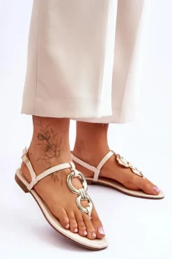 Boto Sandały Płaskie*Skórzane Sandały Japonki Na Płaskim Obcasie Beżowe Keep Going Beżowy