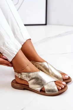 Damskie Boto Skórzane Sandały Lewski 3019 Złote