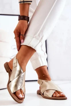 Damskie Boto Skórzane Sandały Lewski 3019 Złote