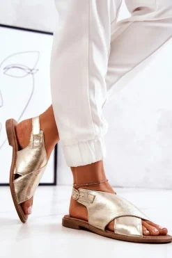 Damskie Boto Skórzane Sandały Lewski 3019 Złote