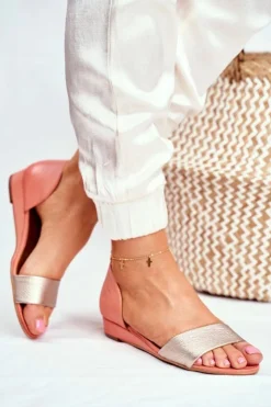 Maciejka Sandały Na Koturnie|Sandały Płaskie*Skórzane Sandały 1971-48 Brzoskwiniowe