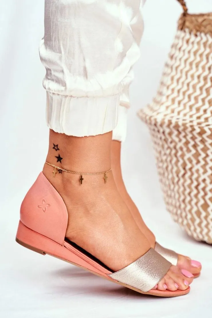 Maciejka Sandały Na Koturnie|Sandały Płaskie*Skórzane Sandały 1971-48 Brzoskwiniowe