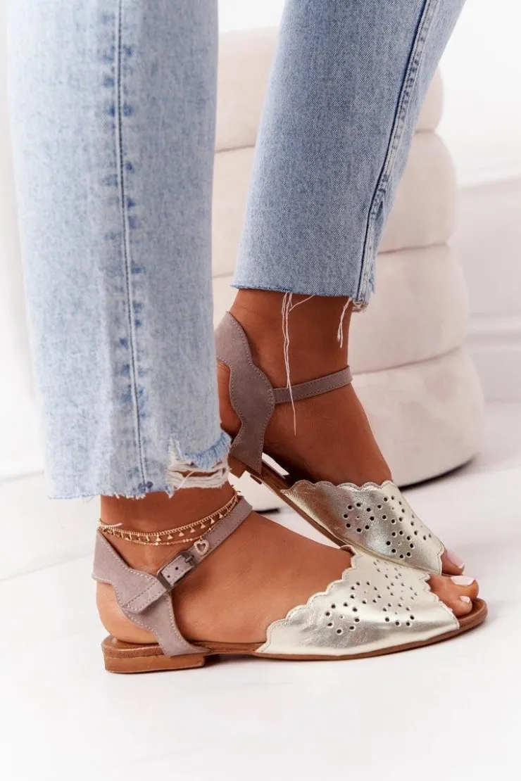 Clearance Maciejka Skórzane Sandały 05199-04 Beżowo-Złote