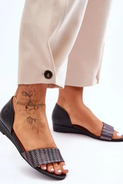 Clearance Maciejka Skórzane Sandały 1971-65 Czarne