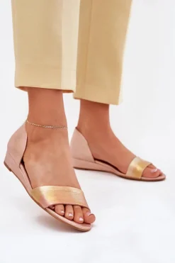 Maciejka Sandały Na Koturnie|Sandały Płaskie*Skórzane Sandały 01971-72 Różowe Złoto Różowy