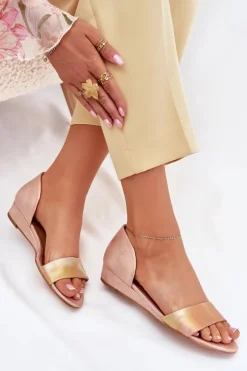 Maciejka Sandały Na Koturnie|Sandały Płaskie*Skórzane Sandały 01971-72 Różowe Złoto Różowy