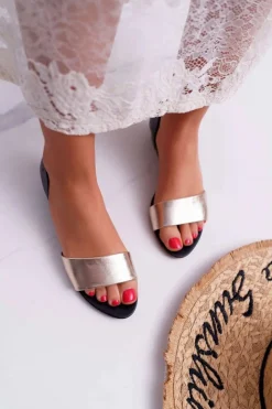 Damskie Maciejka Skórzane Sandały 1971-46 Czarno-Złote