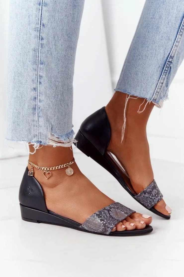 Maciejka Sandały Na Koturnie|Sandały Płaskie*Skórzane Sandały 1971-59 Czarno-Popielate