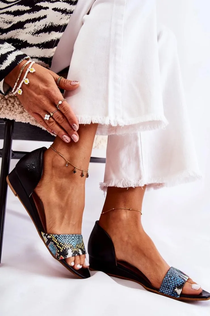 Maciejka Sandały Na Koturnie|Sandały Płaskie*Skórzane Sandały 1971-63 Czarne