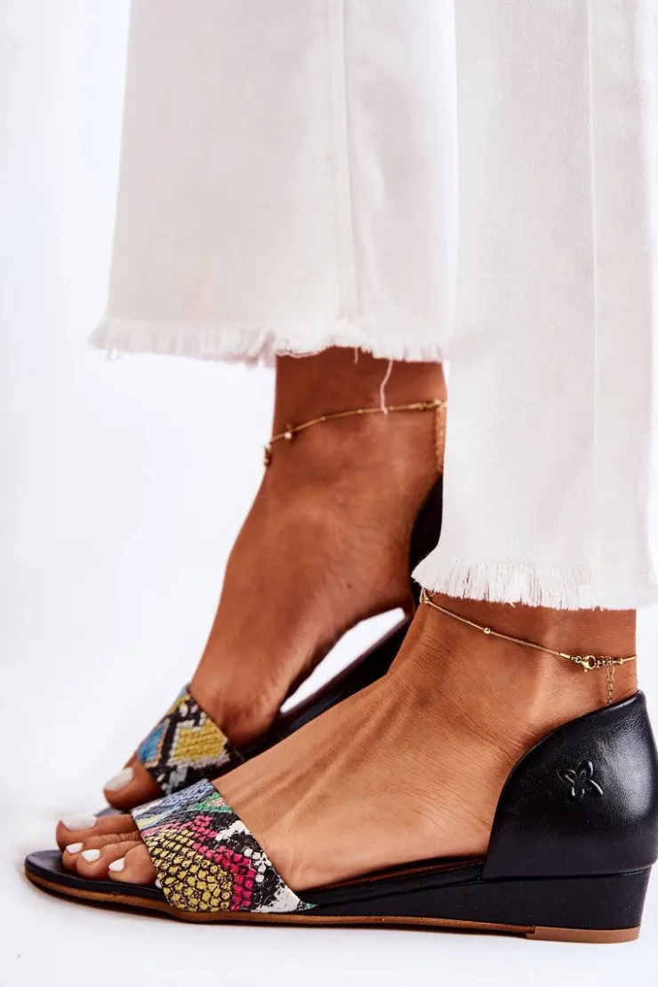 Maciejka Sandały Na Koturnie|Sandały Płaskie*Skórzane Sandały 1971-63 Czarne