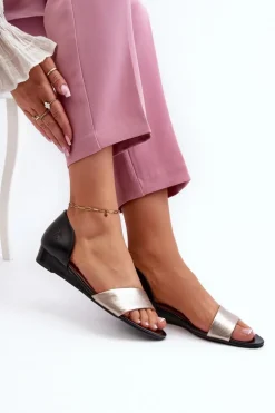 Clearance Maciejka Skórzane Sandały 1971-67 Czarno-Złote Złoty