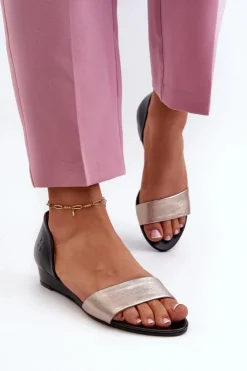 Clearance Maciejka Skórzane Sandały 1971-67 Czarno-Złote Złoty