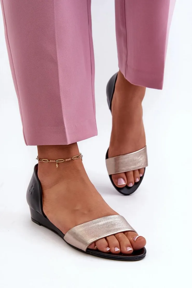 Clearance Maciejka Skórzane Sandały 1971-67 Czarno-Złote Złoty