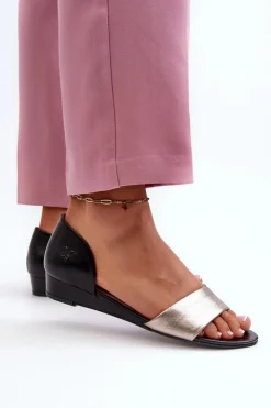 Clearance Maciejka Skórzane Sandały 1971-67 Czarno-Złote Złoty