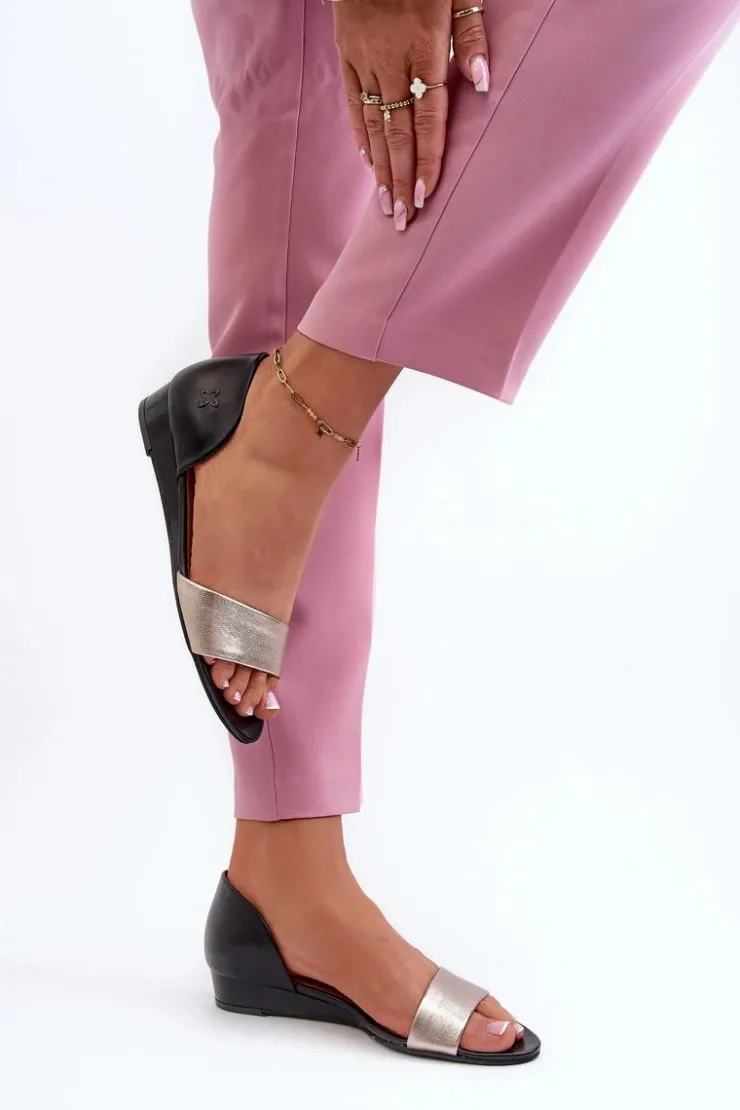 Clearance Maciejka Skórzane Sandały 1971-67 Czarno-Złote Złoty